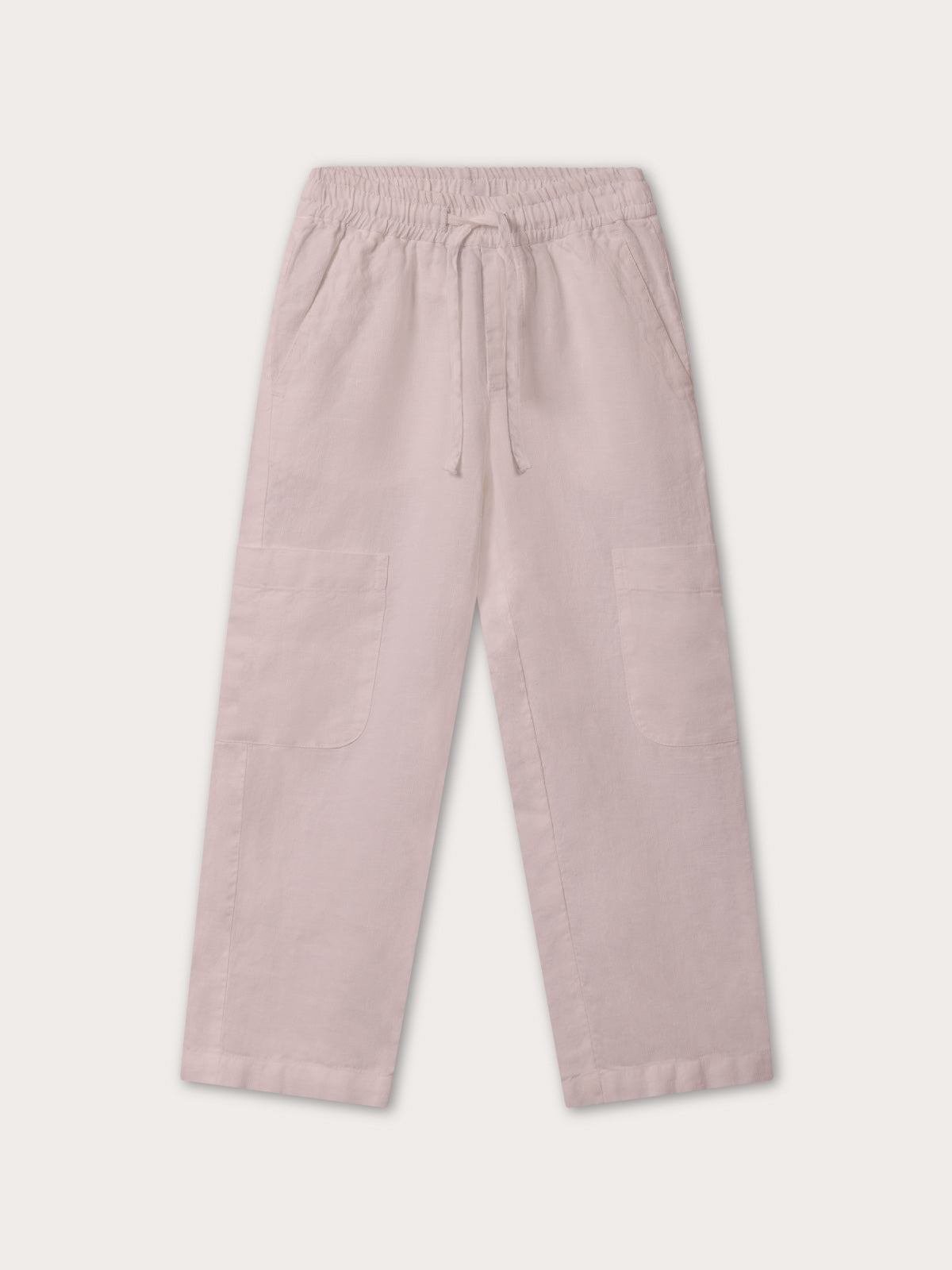 Front view of Kids Pastel Pink Eleuthera Linen Trousers. 100% linen kids pants