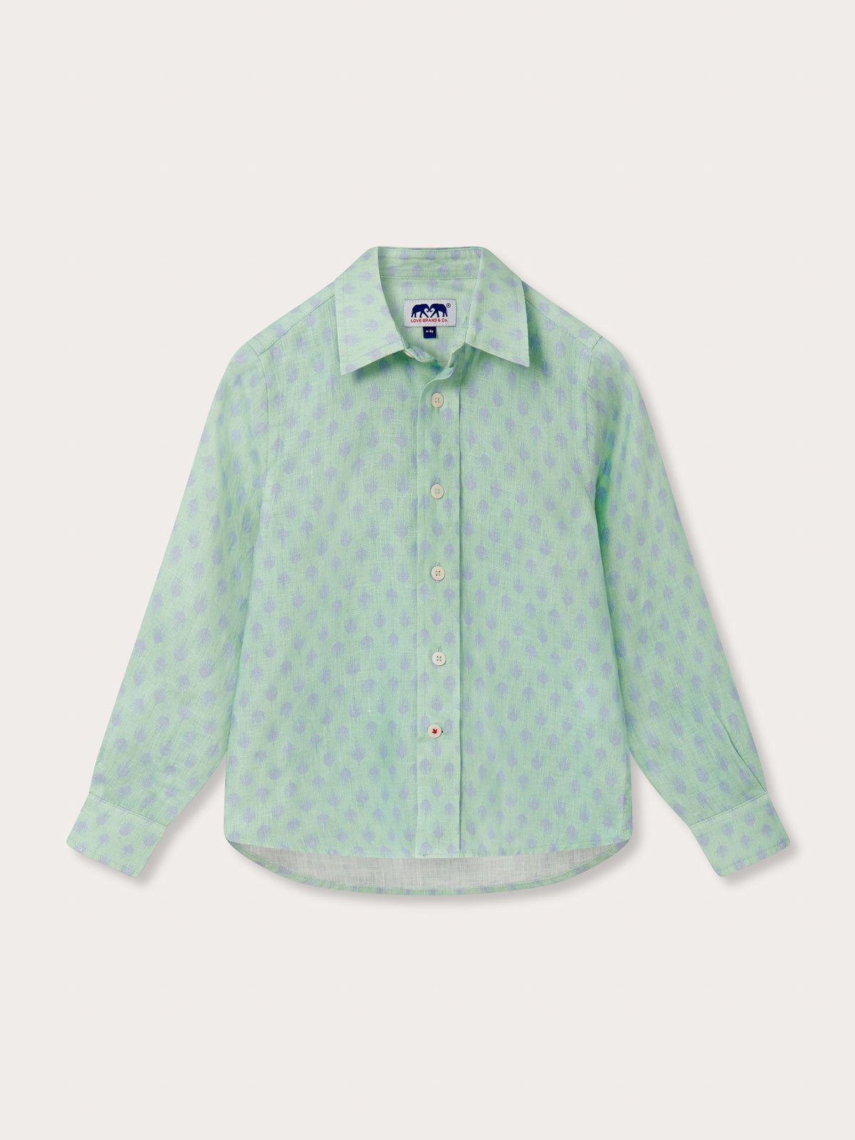 Front view of Kids Palm Days Abaco Linen Shirt. Long sleeved button-up green linen shirt with purple pattern.