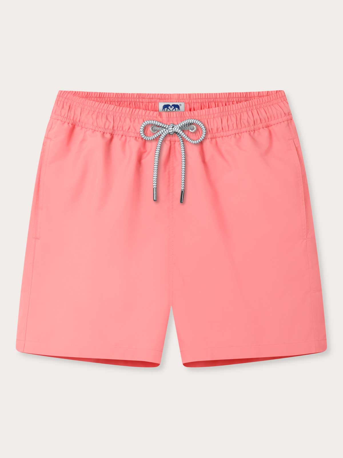Men's Coral Rose Swim Shorts on white background. Pink men's swim trunks with drawstring waist.