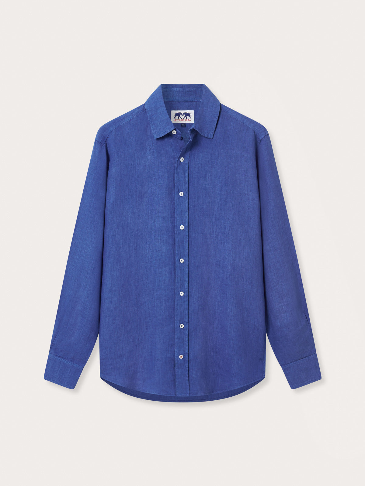Front view of Men's Majorelle Blue Abaco Linen Shirt. Blue linen men's shirt with long sleeves and button-up design.