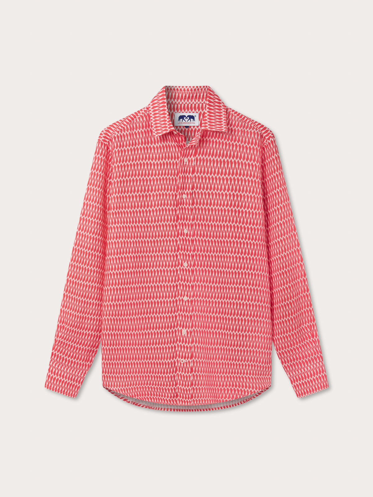 Front view of Men's Hot as Shell Abaco Linen Shirt. Linen button up shirt with long sleeves in red and white.