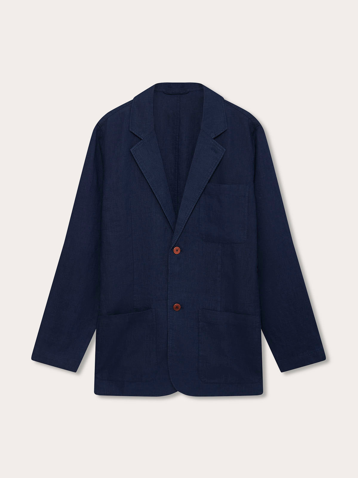 front view of Nassau Navy Blue mens Linen Jacket with 2 large brown buttons and 3 front pockets