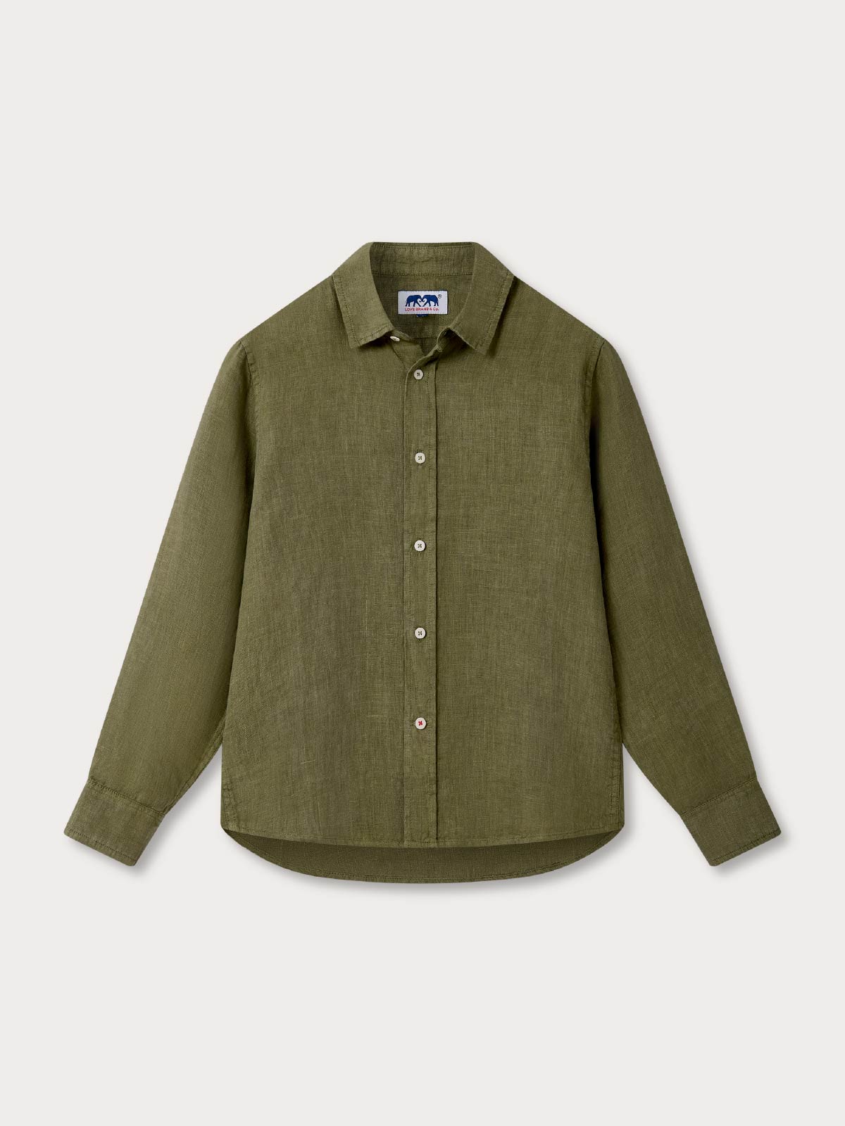 Kids green shirt crafted from 100% linen with button-up, long sleeve design.