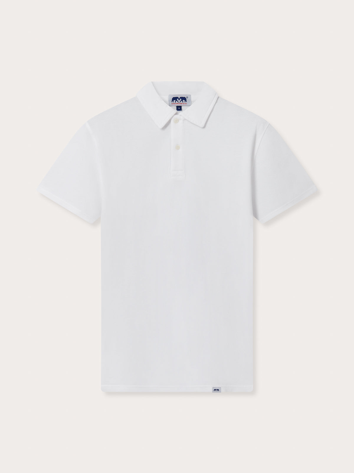 A men's white polo shirt displayed against a white background.