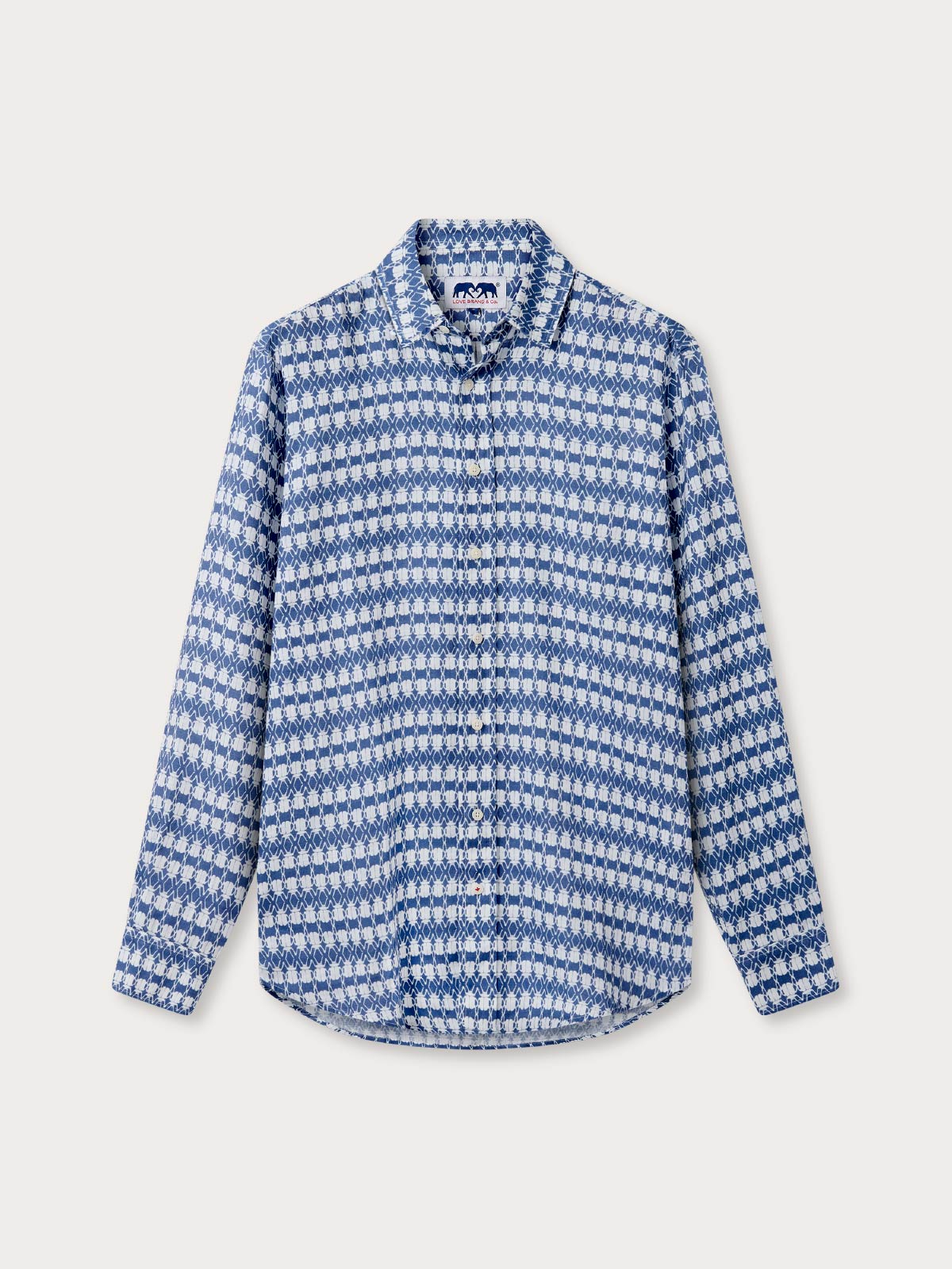 Front view of Men's The Beetles Abaco Linen Shirt. Blue and white patterned linen shirt with long sleeves.