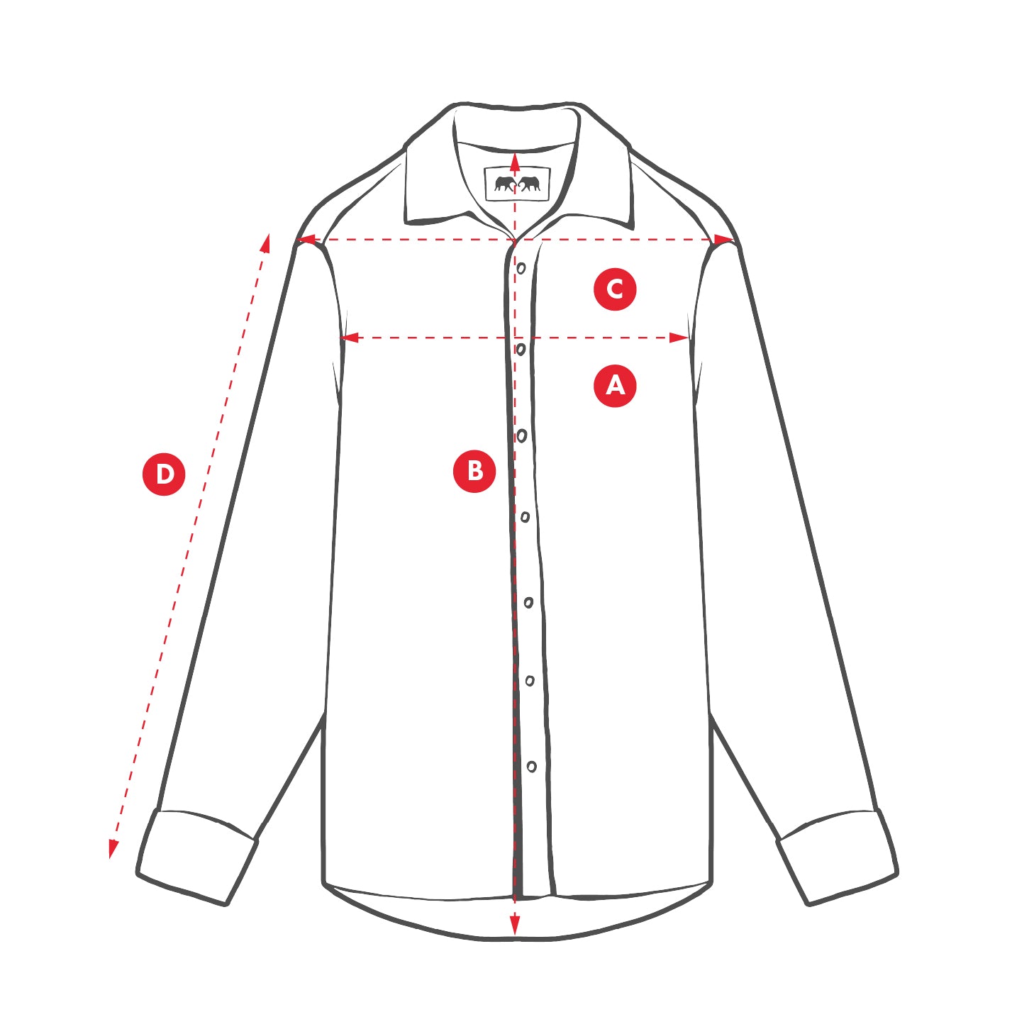 Measurement chart of a shirt with labeled points