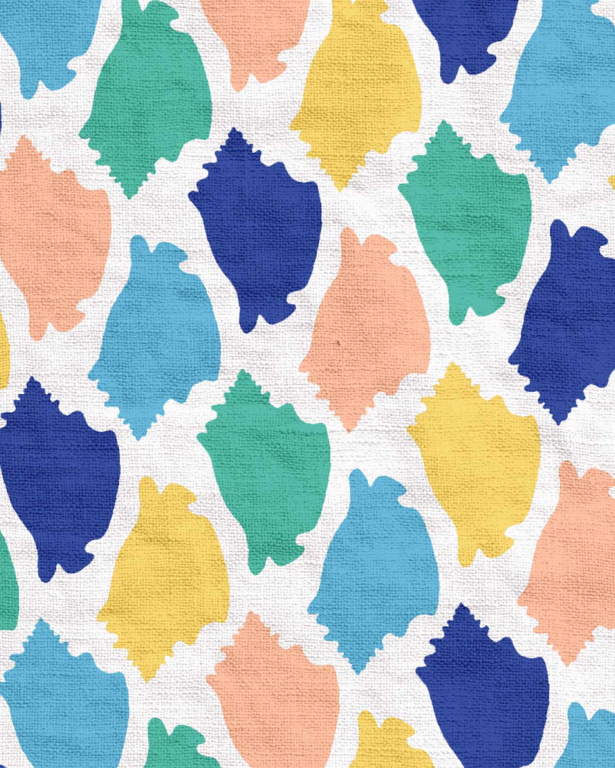 Pattern of colorful shell shapes on a white background