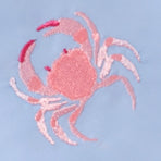 Embroidered pink crab design on a light blue background