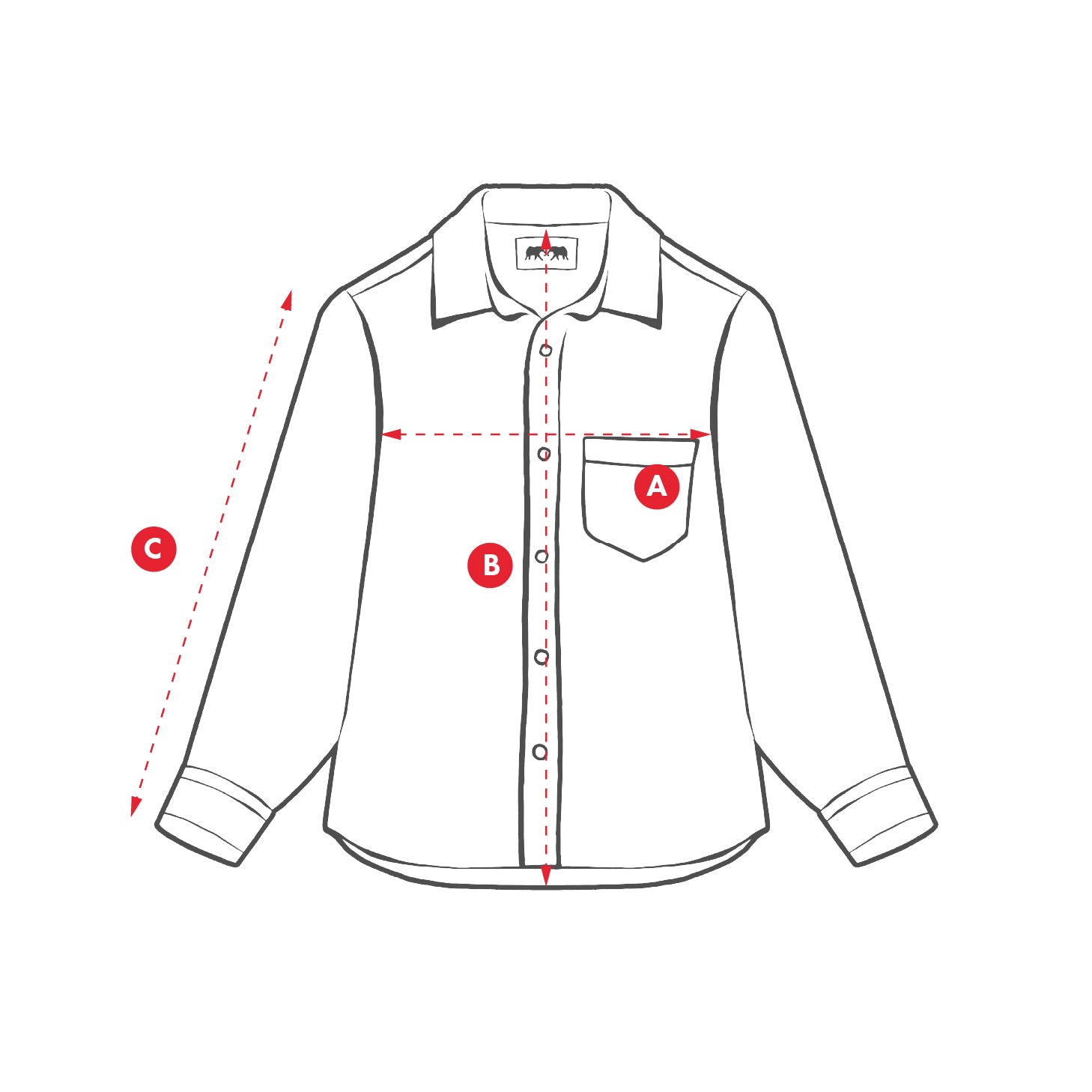 Measurement chart of a shirt with labeled parts