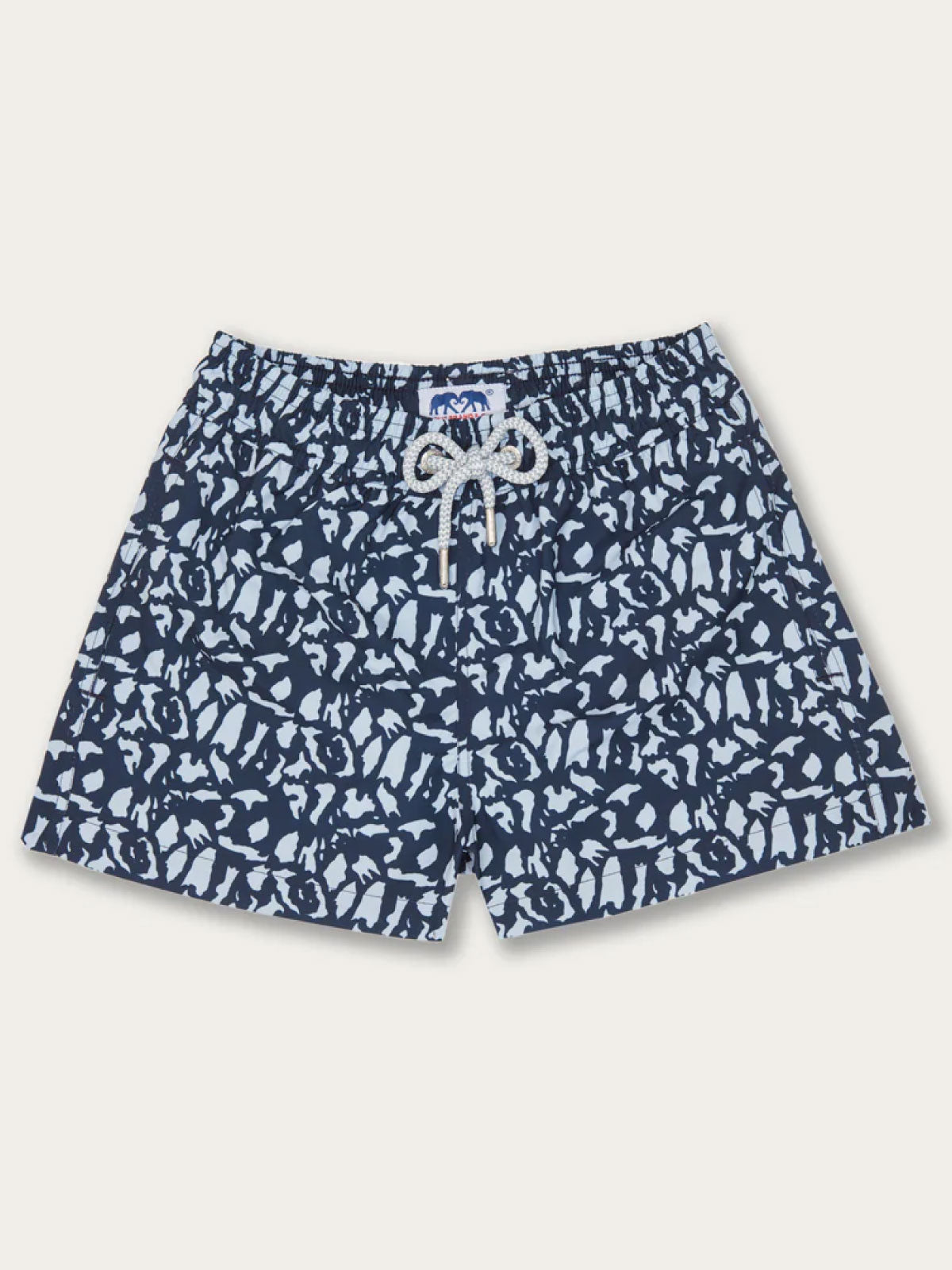 Boys Island Camo Staniel Swim Shorts in navy and white Greek island pattern.