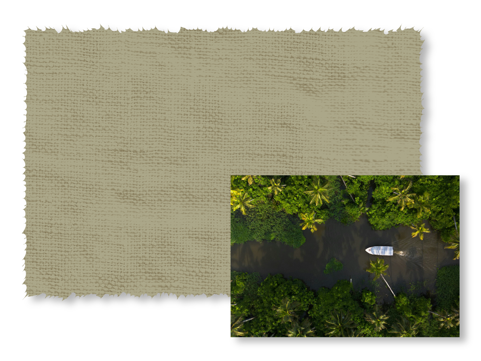 Textured green fabric swatch next to an aerial view of a jungle and river with a boat.