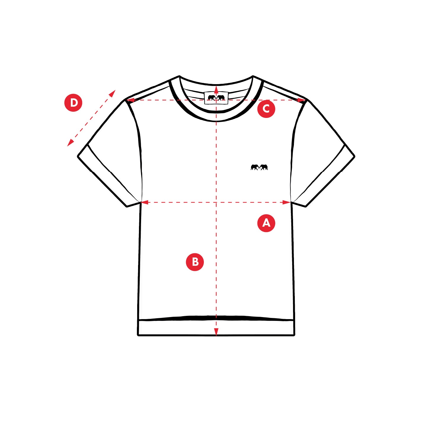 Measurement chart for a kids t-shirt with labeled points