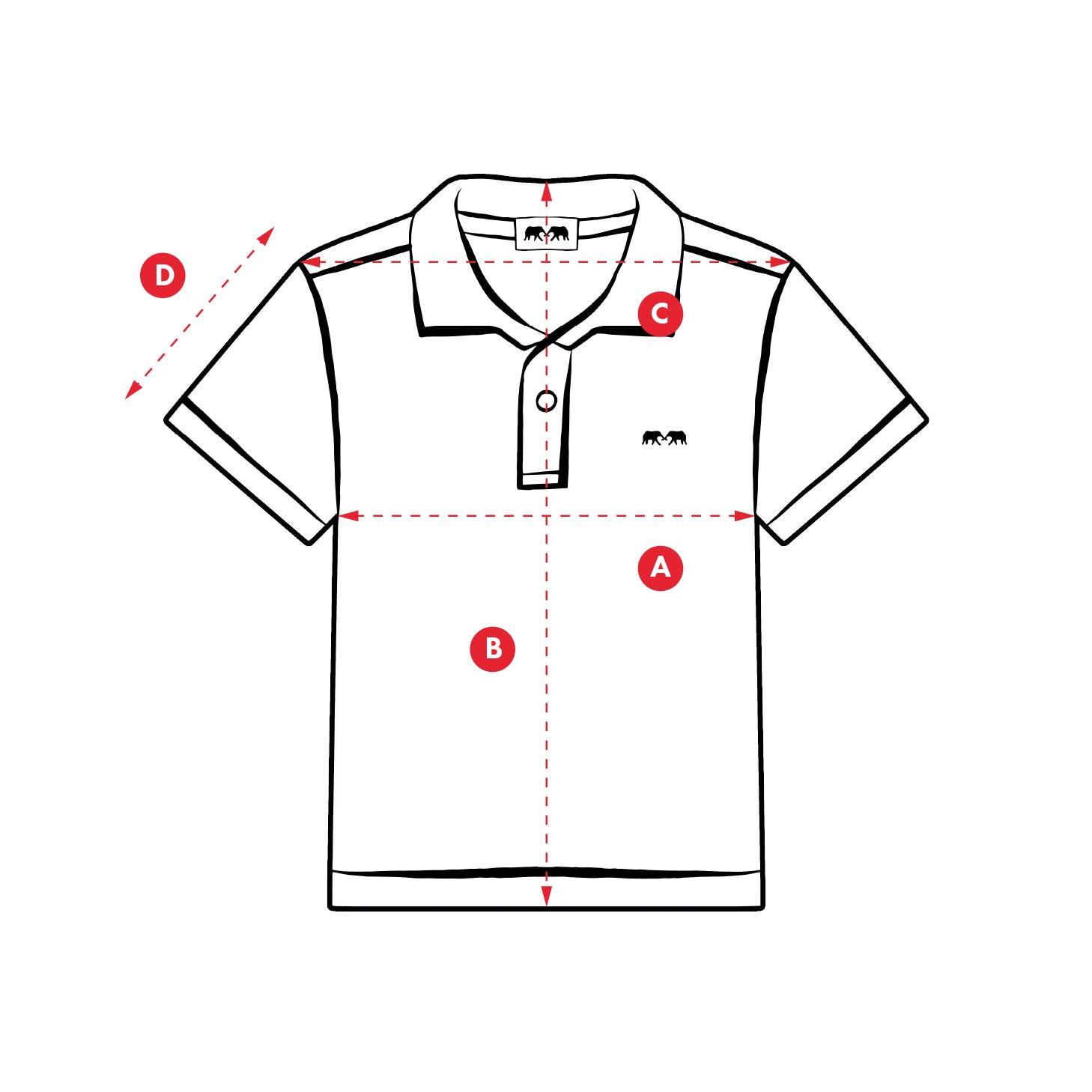 Measurement chart for a polo shirt with labeled points