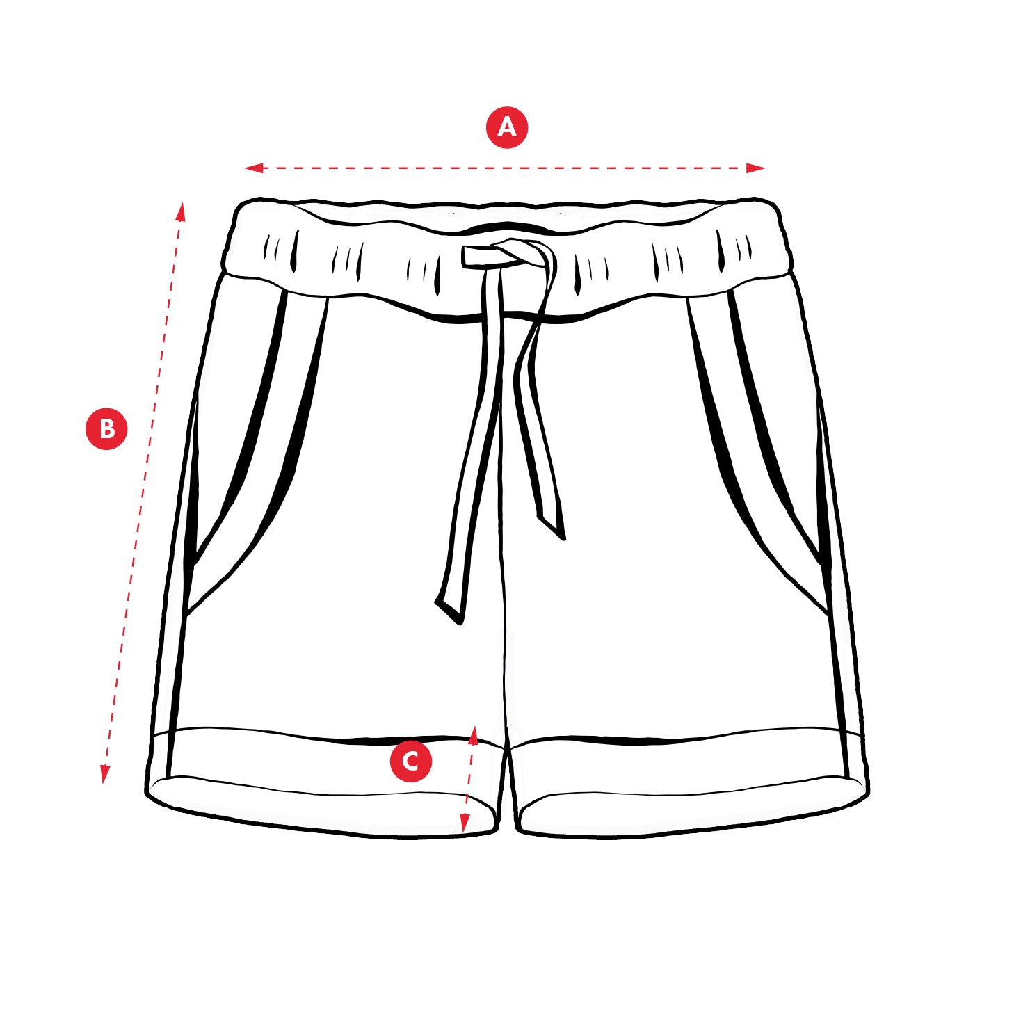 Measurement chart of kids shorts with measurement points labeled on a white background