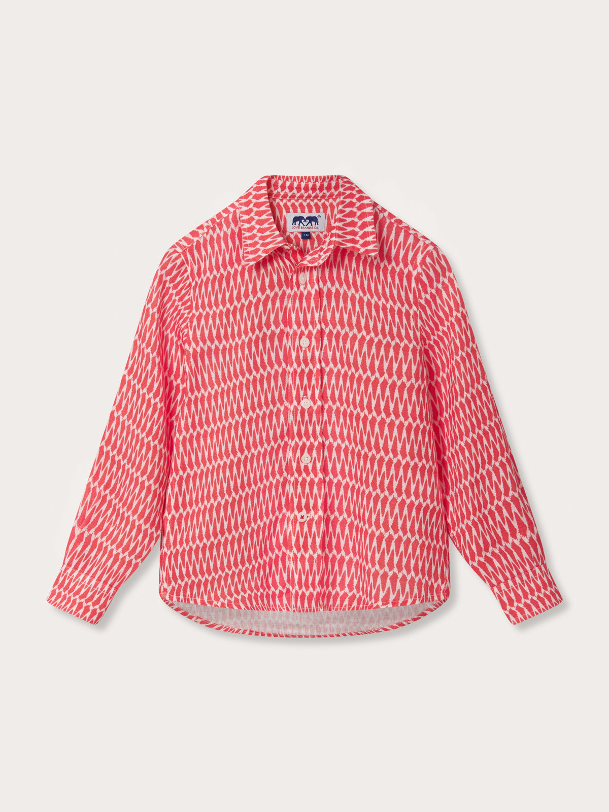 Front view of Kids Hot As Shell Abaco Linen Shirt. Children's patterned shirt in red and white.