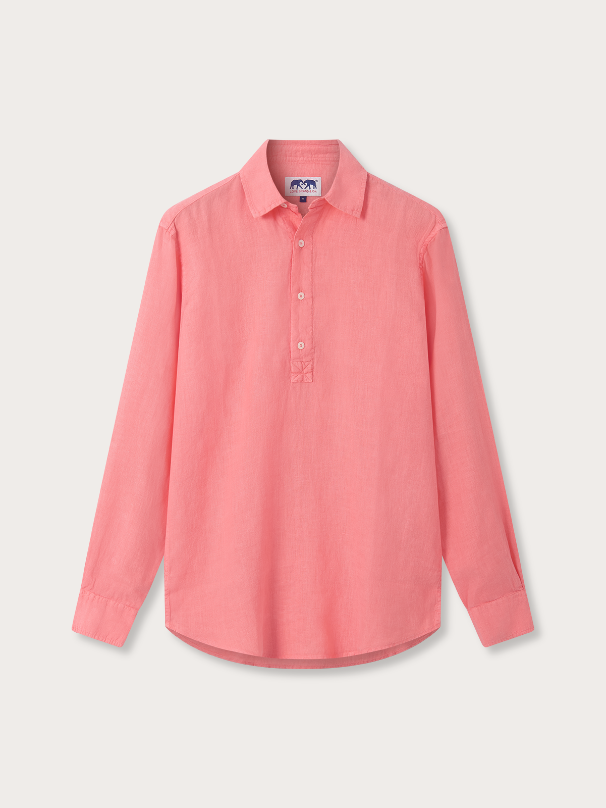 Front view of mens pink linen shirt with long sleeves and half button-up design.