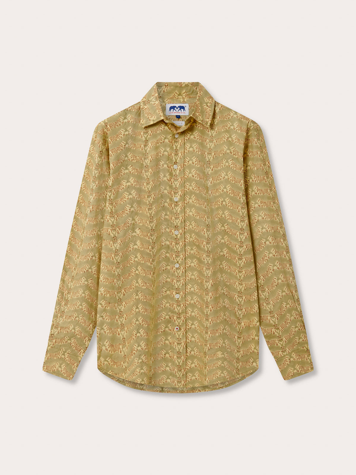 Men's Lurking Leopards Abaco Cotton Shirt for SUJAN Camp. Green shirt with tiger print pattern.