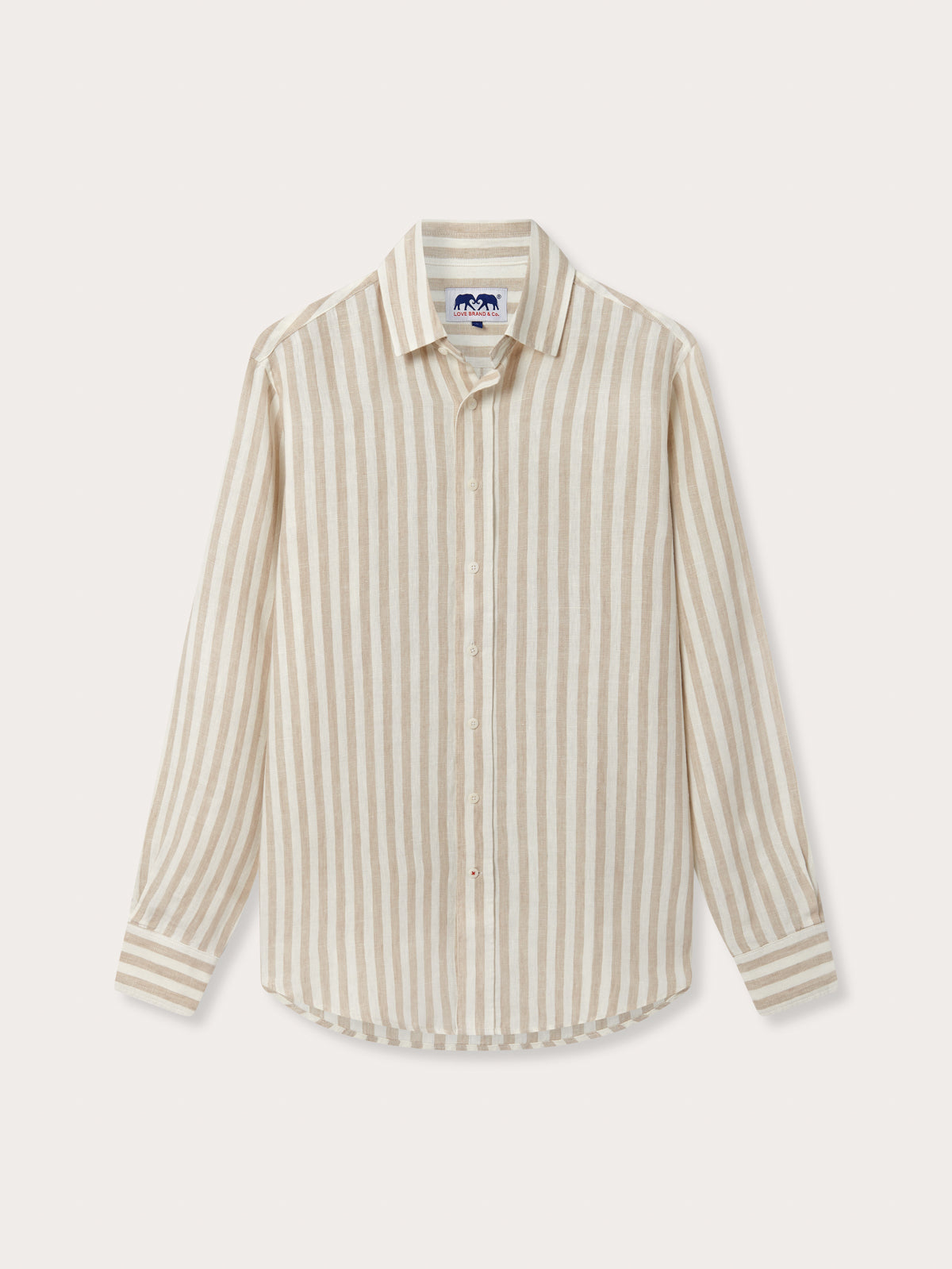 Front view of Men's Coconut Stripe Abaco Linen Shirt. Brown and white 100% linen shirt with long sleeves.