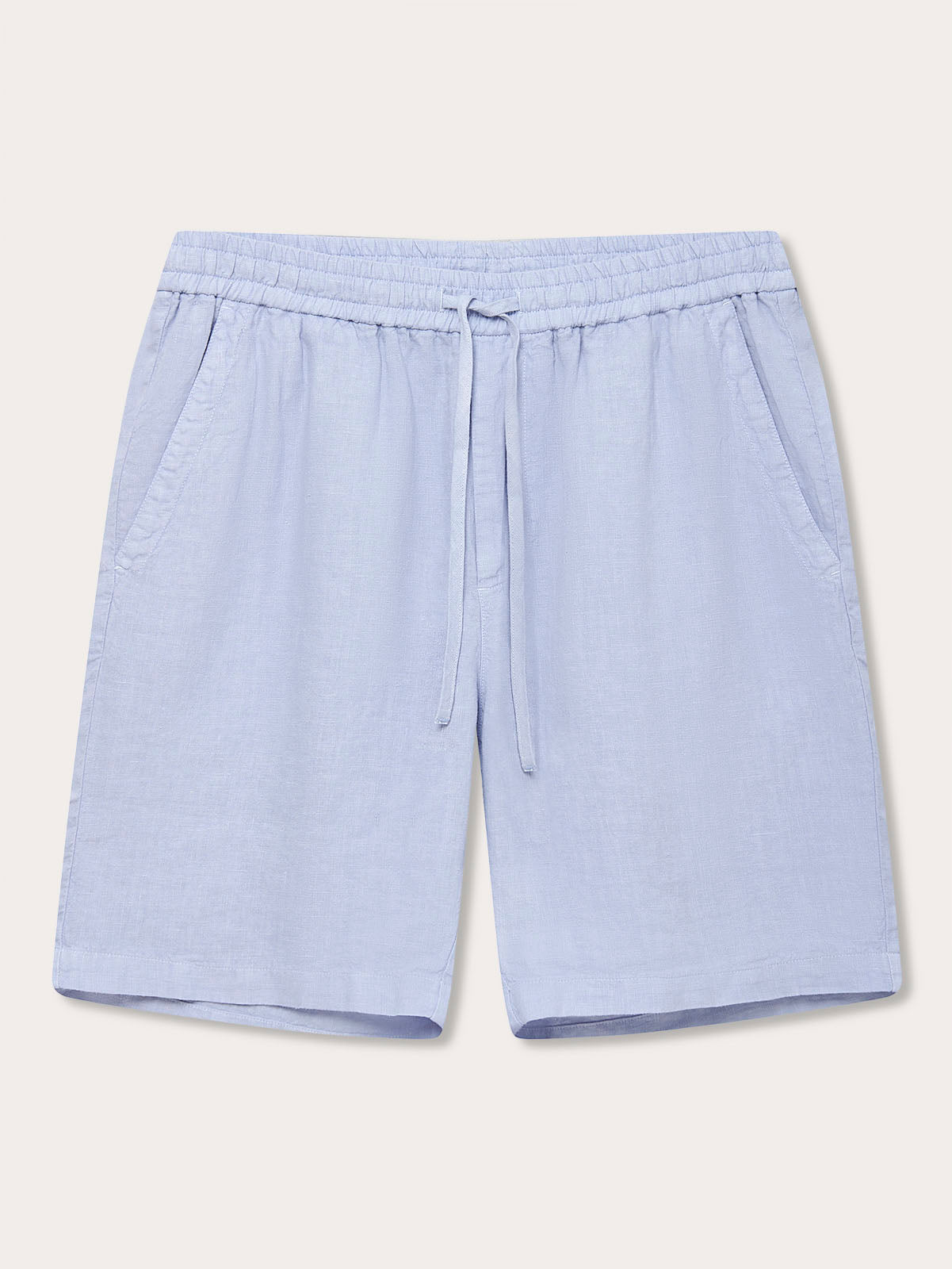 Front view of Men's Sky Blue Joulter Linen Shorts. Blue linen shorts with 2 pockets and drawstring waist in a relaxed fit.