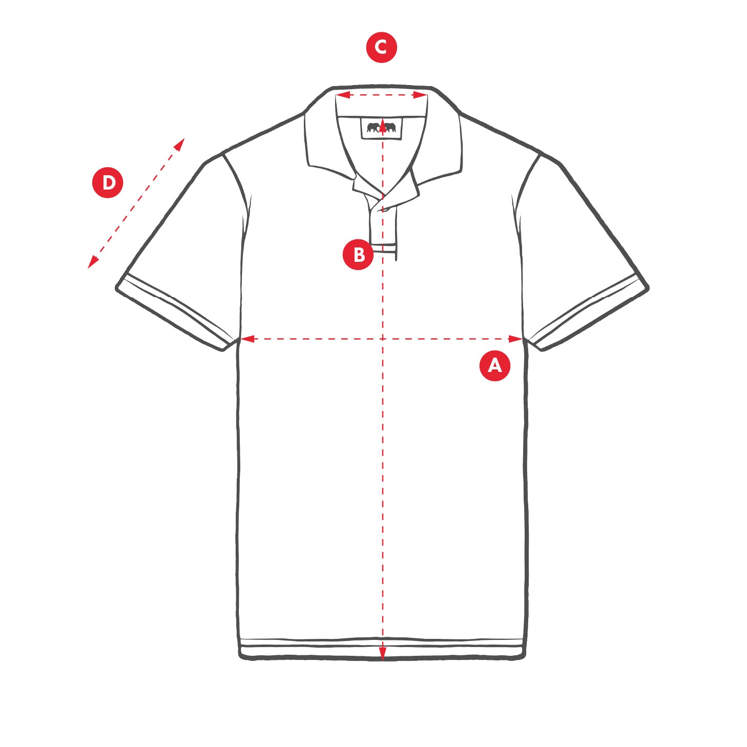 Measurement chart for a polo shirt with labeled points