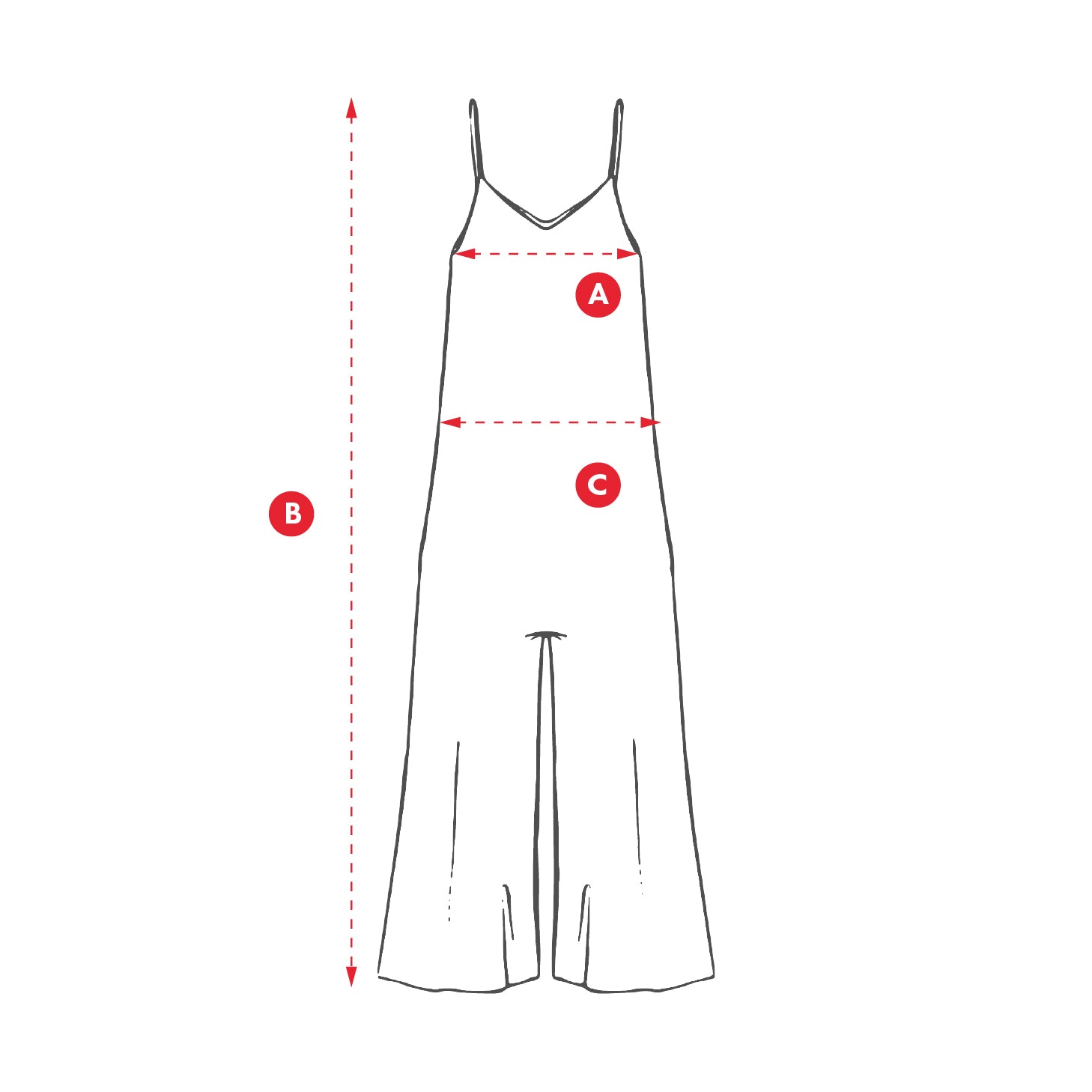 Measurement chart for a women's jumpsuit with labeled points
