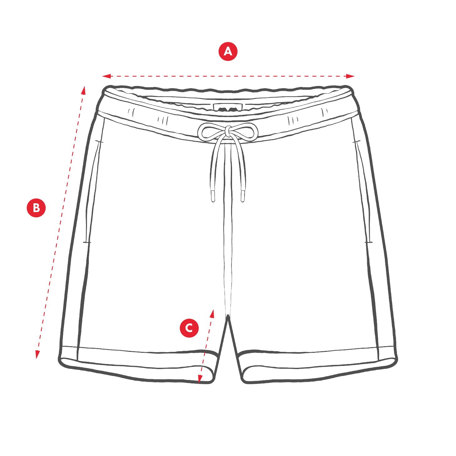 Line drawing of swim shorts with labeled measurements
