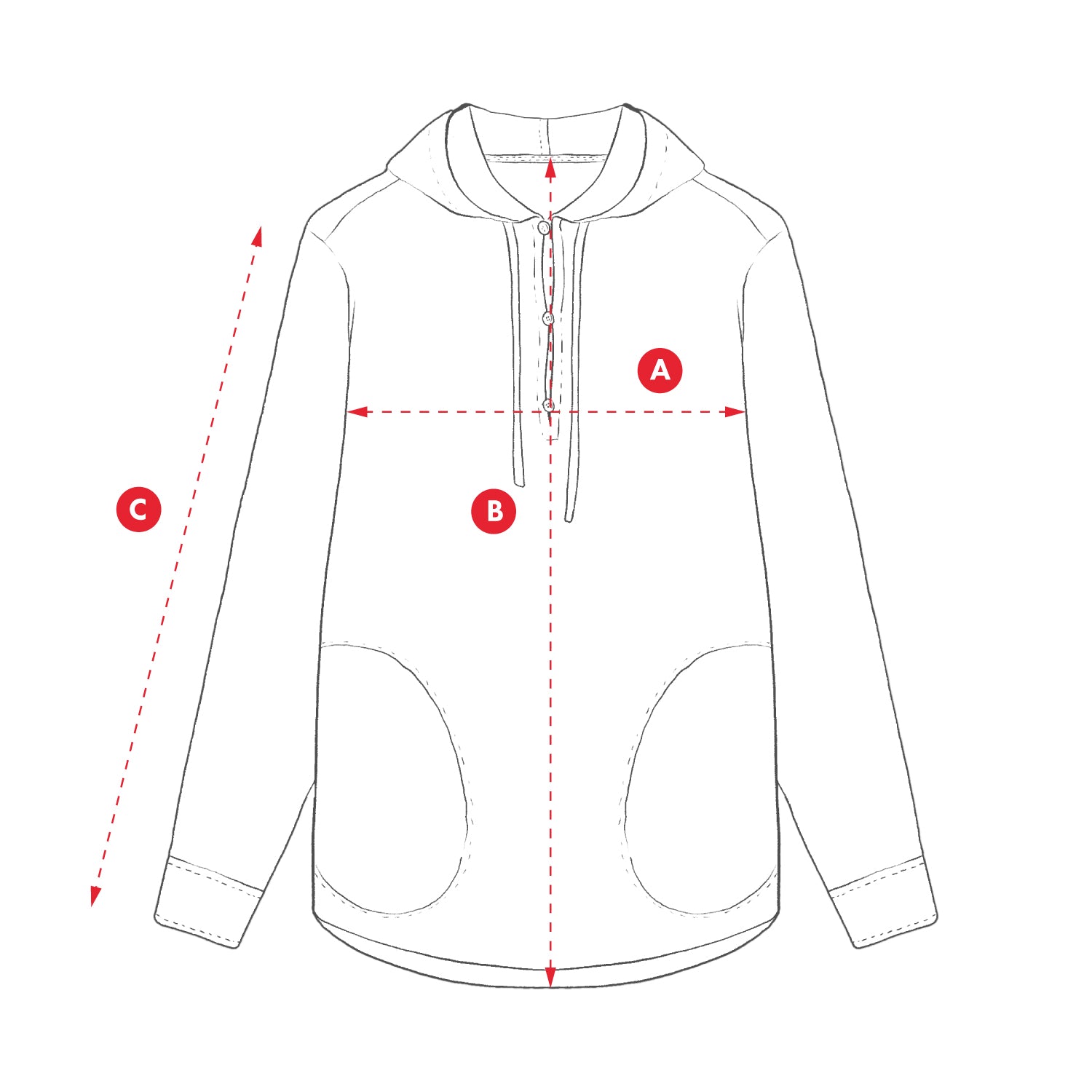 Outline of a hoodie with measurement points labeled 