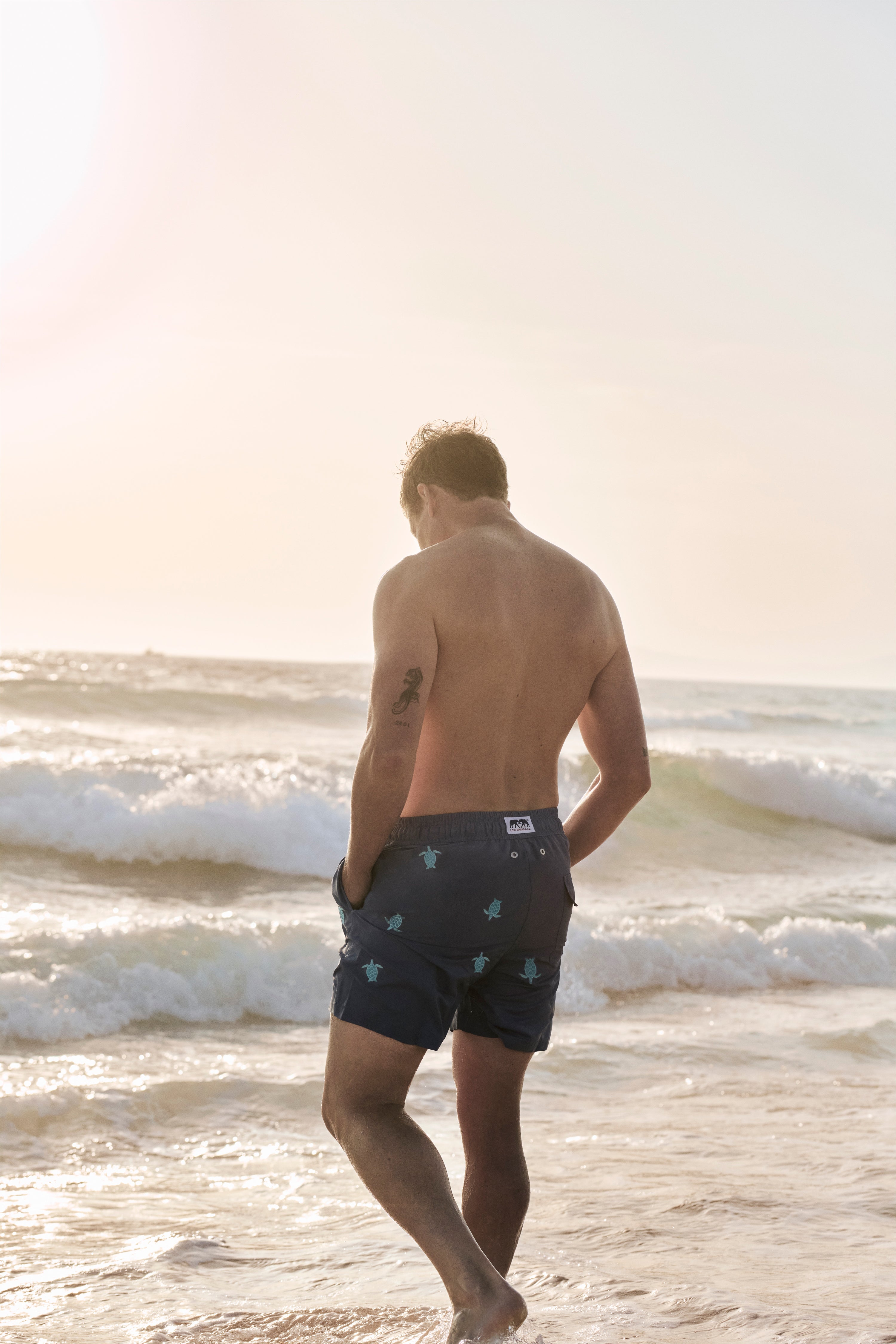 Actor Ed Speleers shirtless standing on a beach facing the ocean, wearing dark swim trunks with an embroidered pattern. The photo is taken from behind in warm, backlit sunlight.