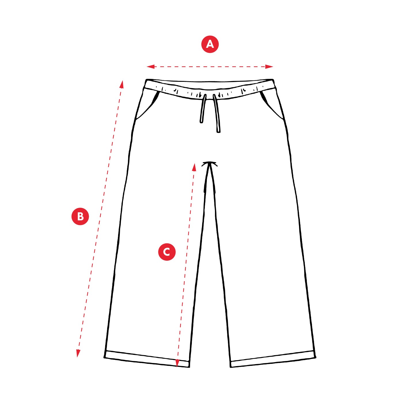 Measurement chart for kids trousers with labeled points on a white background