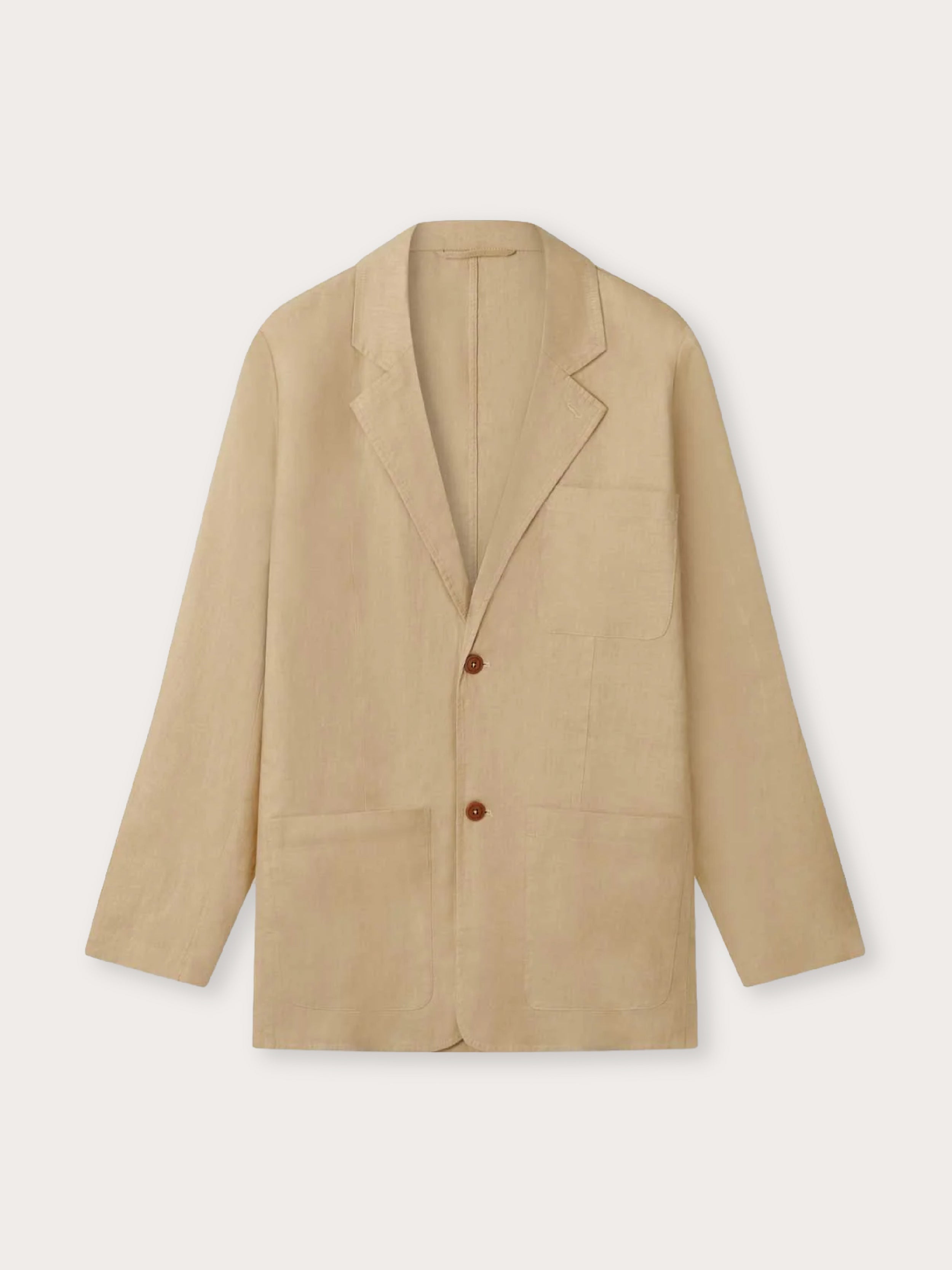 A light beige linen blazer jacket with notch lapels, a two-button front closure, and front patch pockets, shown flat on a light grey background.