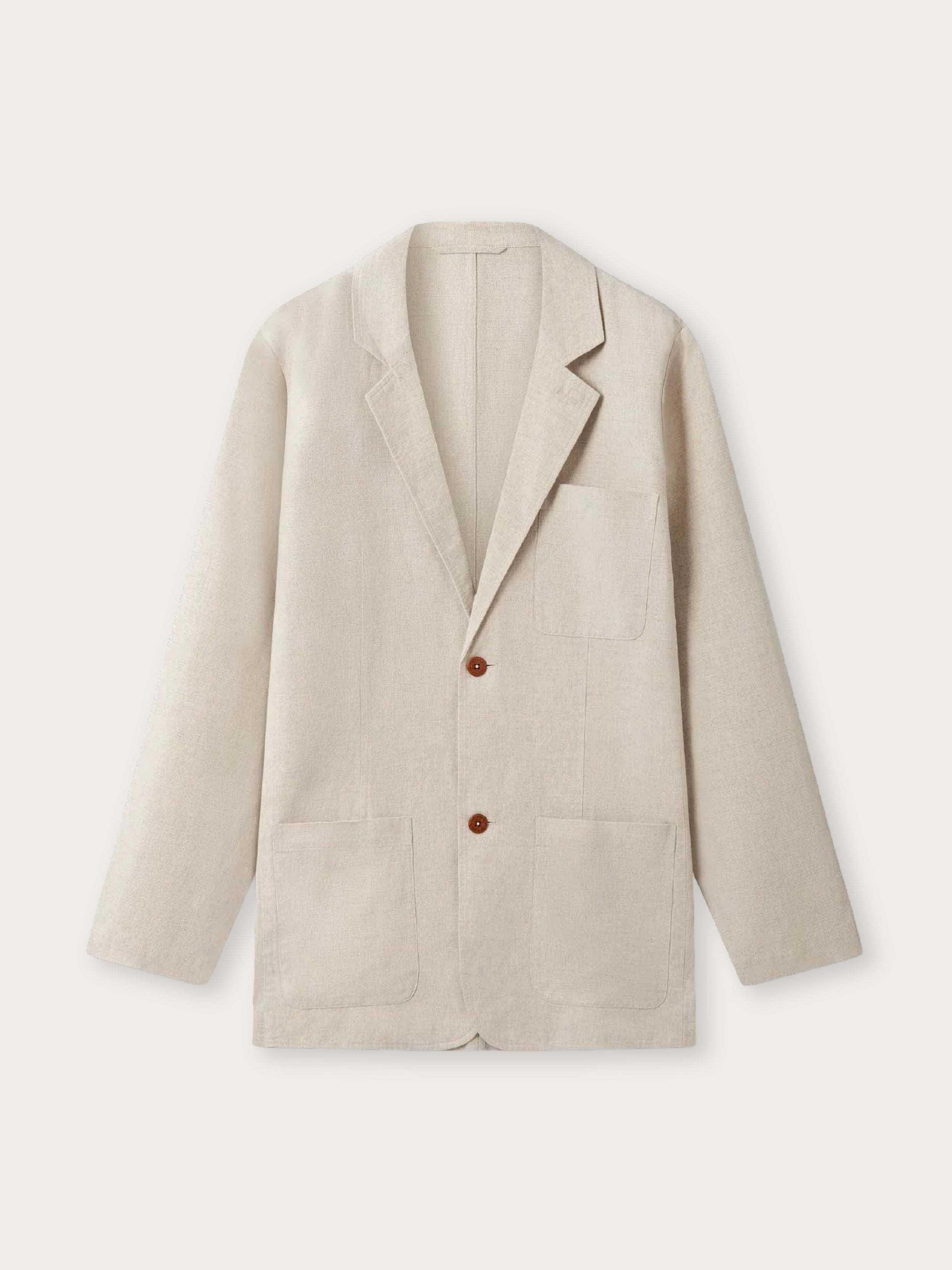 A light beige linen blazer jacket with notch lapels, a two-button front closure, and front patch pockets, shown flat on a light beige background.