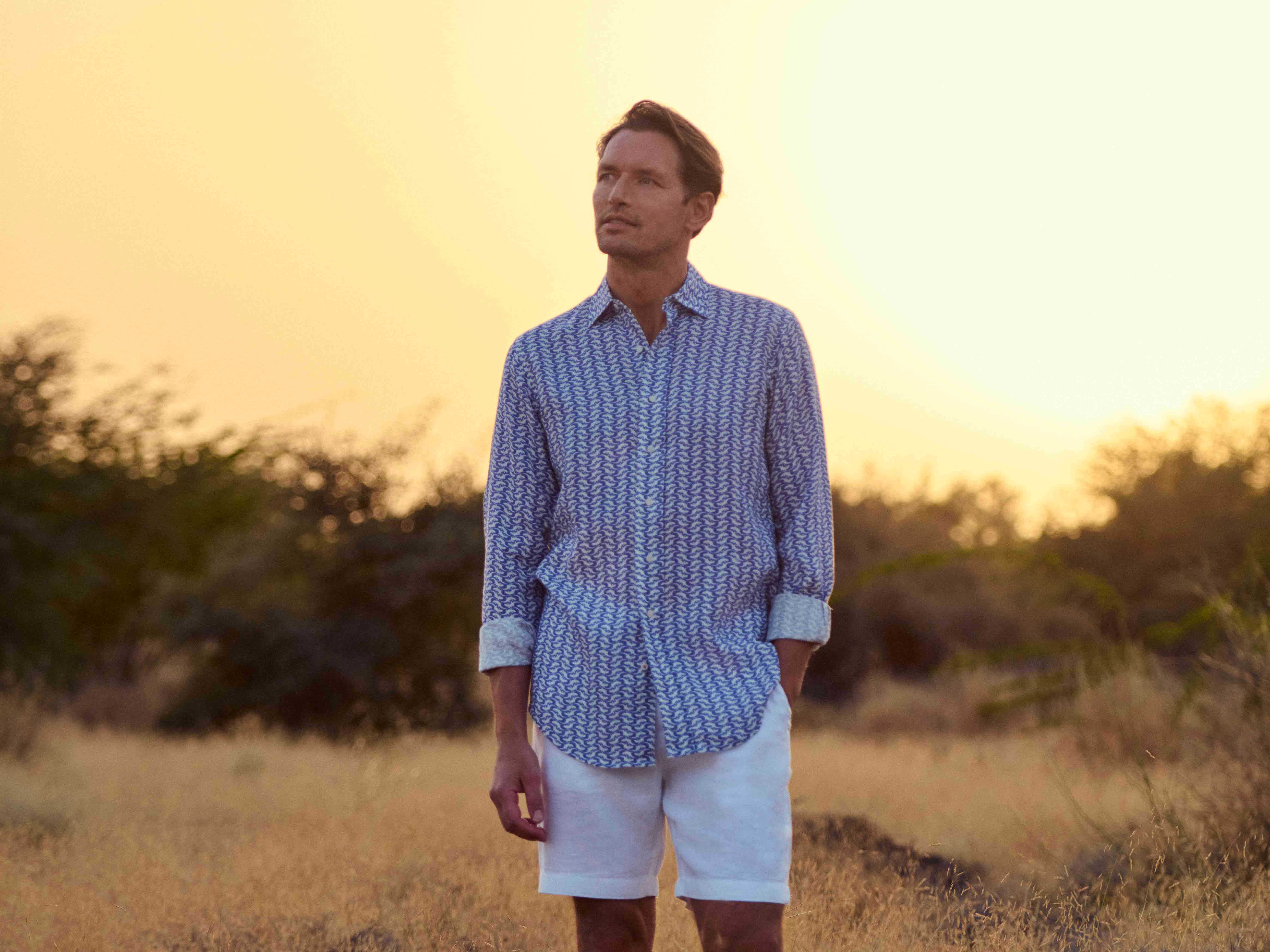 mens blue and white linen shirt paired with white linen shorts
