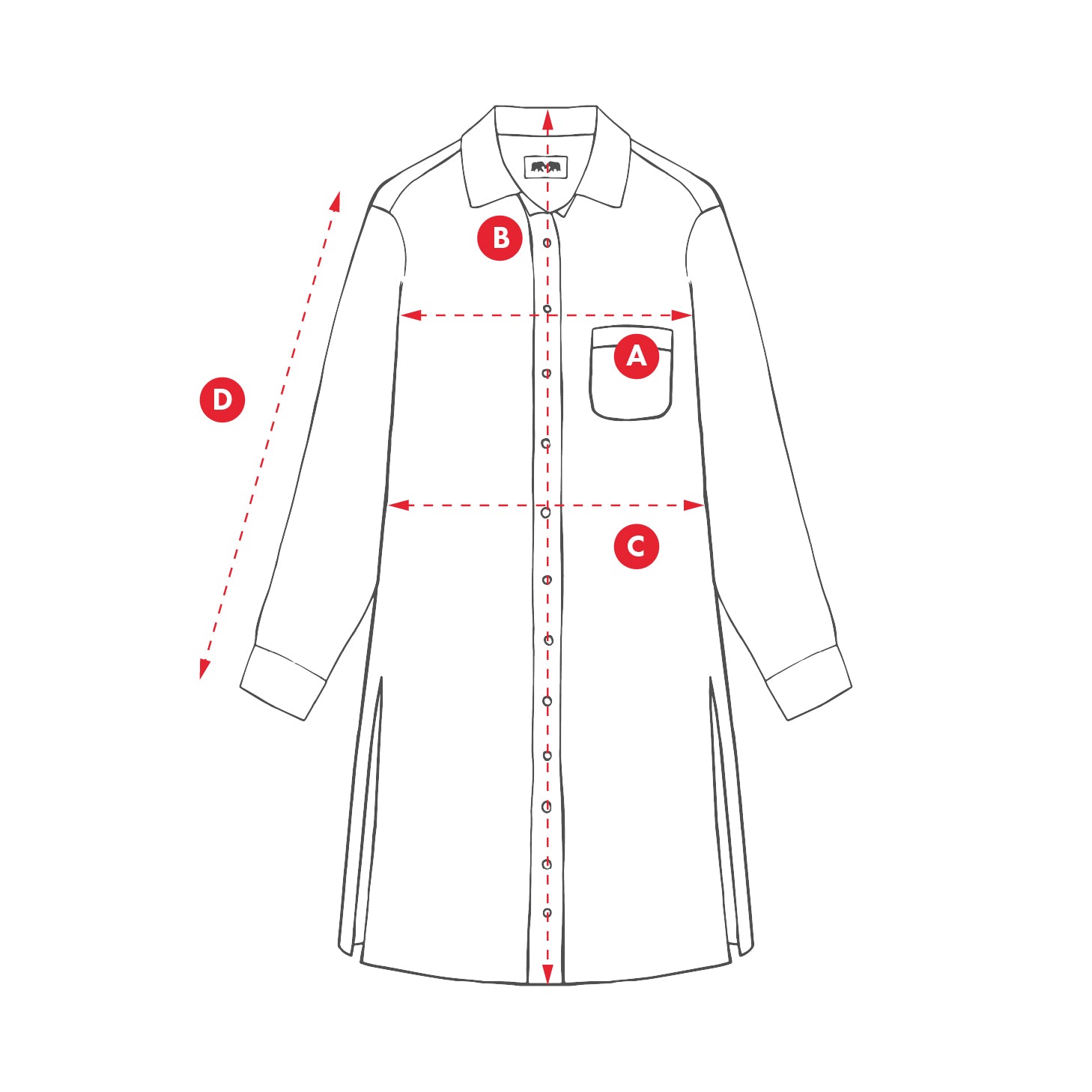 Measurement chart for a women's shirt dress with labeled points