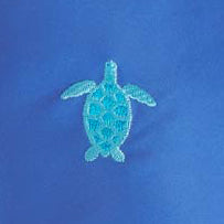 Blue swim shorts swatch showing embroidered blue turtle