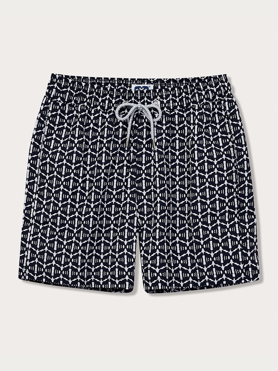 Men's Gorilla Gossip Staniel Swim Shorts featuring a navy gorilla print on a white background, crafted from 100% recycled materials.